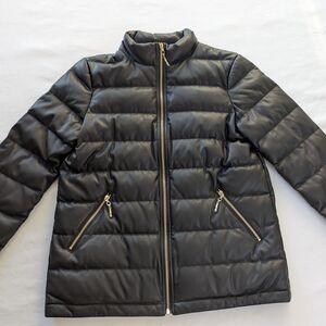 J. McLaughlin Black Puffer Faux Leather Jacket with Gold Zippers